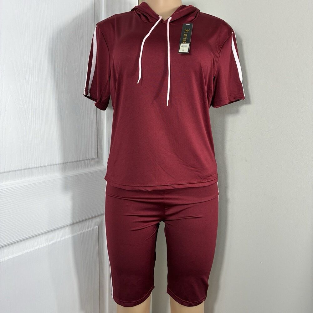 New Womans Hooded shirt and Shorts Set Red With White Athleisure activewear